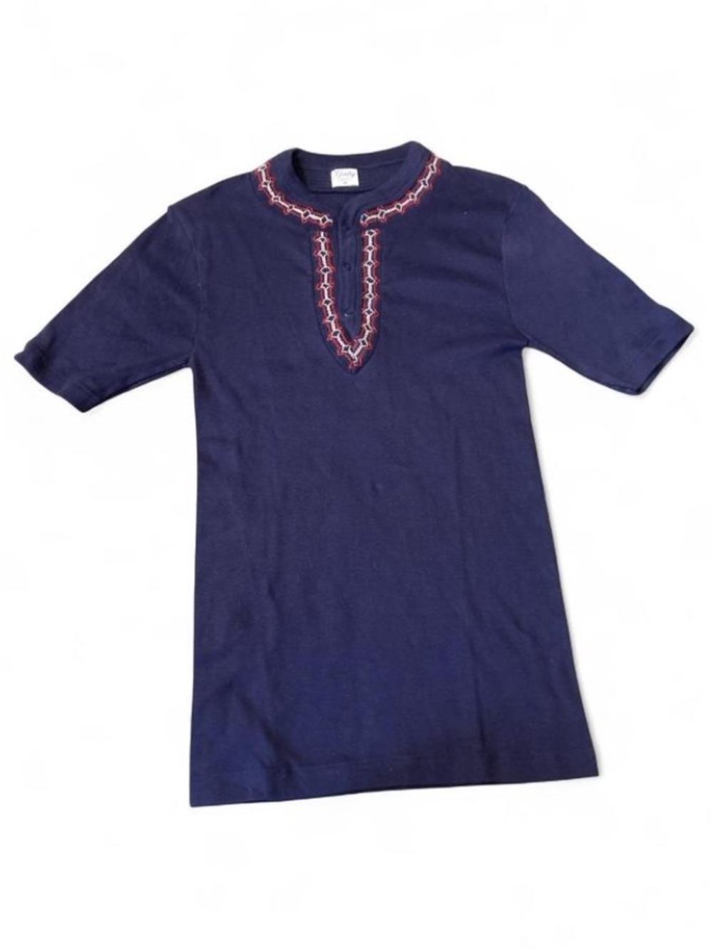Vintage Entry Navy Short Sleeve Tunic with Red & White Neck Embroidery